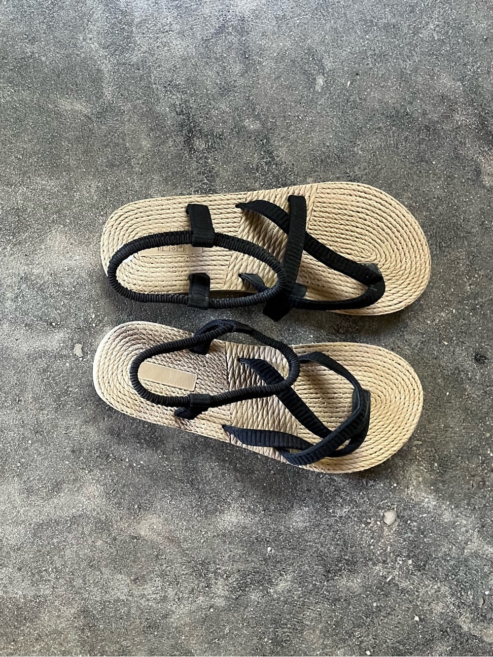 Black Rope-Strap Women's Sandals with Natural Woven Footbed